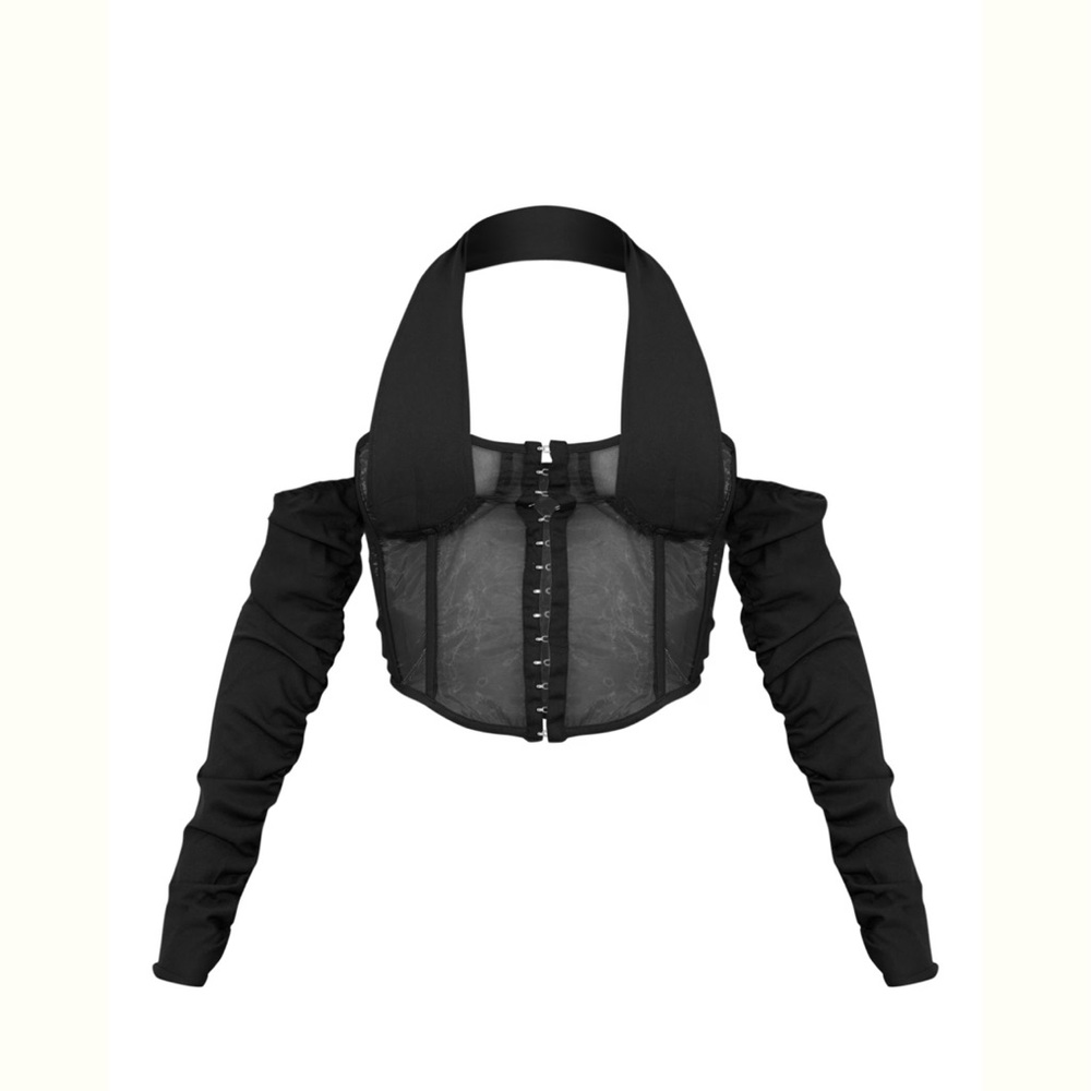 BLACK WOVEN LACE UP DETAIL LONG SLEEVE CORSET